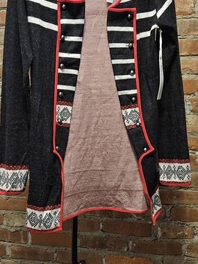 Charcoal Knit Open-Front Cardigan with Lapels & Silver Buttons Waist & Hem Trim